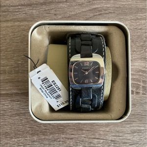 Black leather Fossil watch with a black watch face